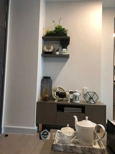 Stylish modern interior with elegant decor and tea set on a marble table