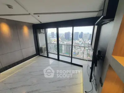 Spacious modern living room with panoramic city view and sleek marble flooring.