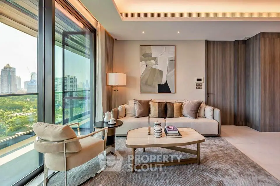 Luxurious living room with modern decor and stunning city view, featuring elegant furniture and large windows.