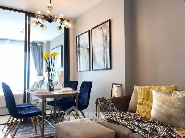 Stylish modern living room with elegant dining area and cozy decor