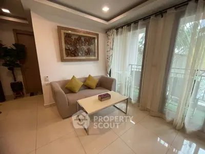 Cozy living room with modern sofa and large window view