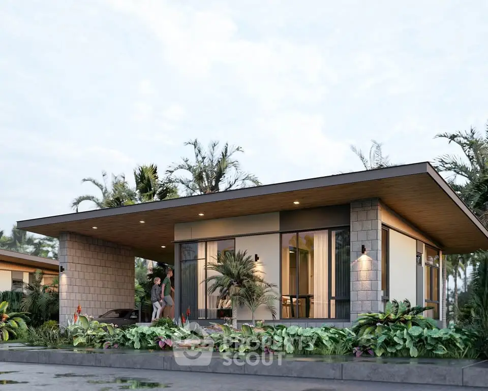 Modern single-story home with sleek design and lush landscaping, perfect for contemporary living.