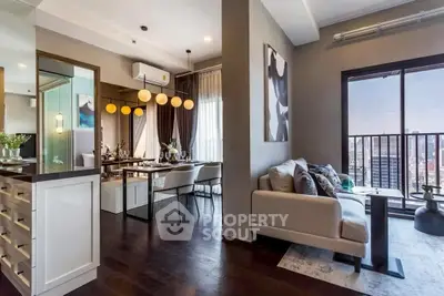 Luxurious open-plan living and dining area with city view balcony in modern apartment.