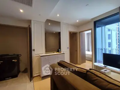 Modern apartment interior with cozy living room and balcony view