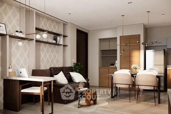 Modern open-plan living room with elegant dining area and stylish decor.