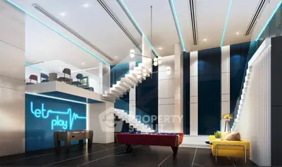 Luxurious modern game room with pool table and stylish seating area