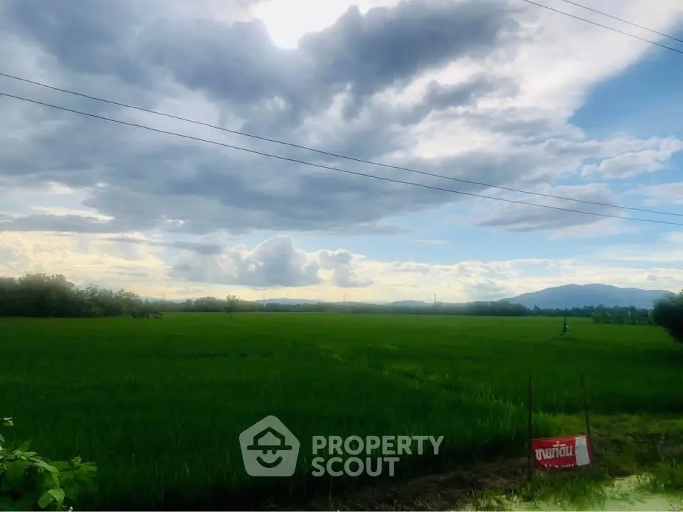 Expansive green field with scenic mountain view under a cloudy sky, perfect for real estate development.