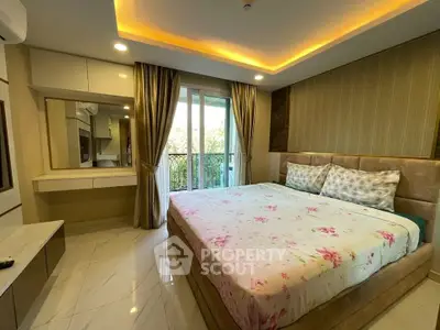 Luxurious bedroom with elegant decor and large windows opening to a serene view, perfect for relaxation.