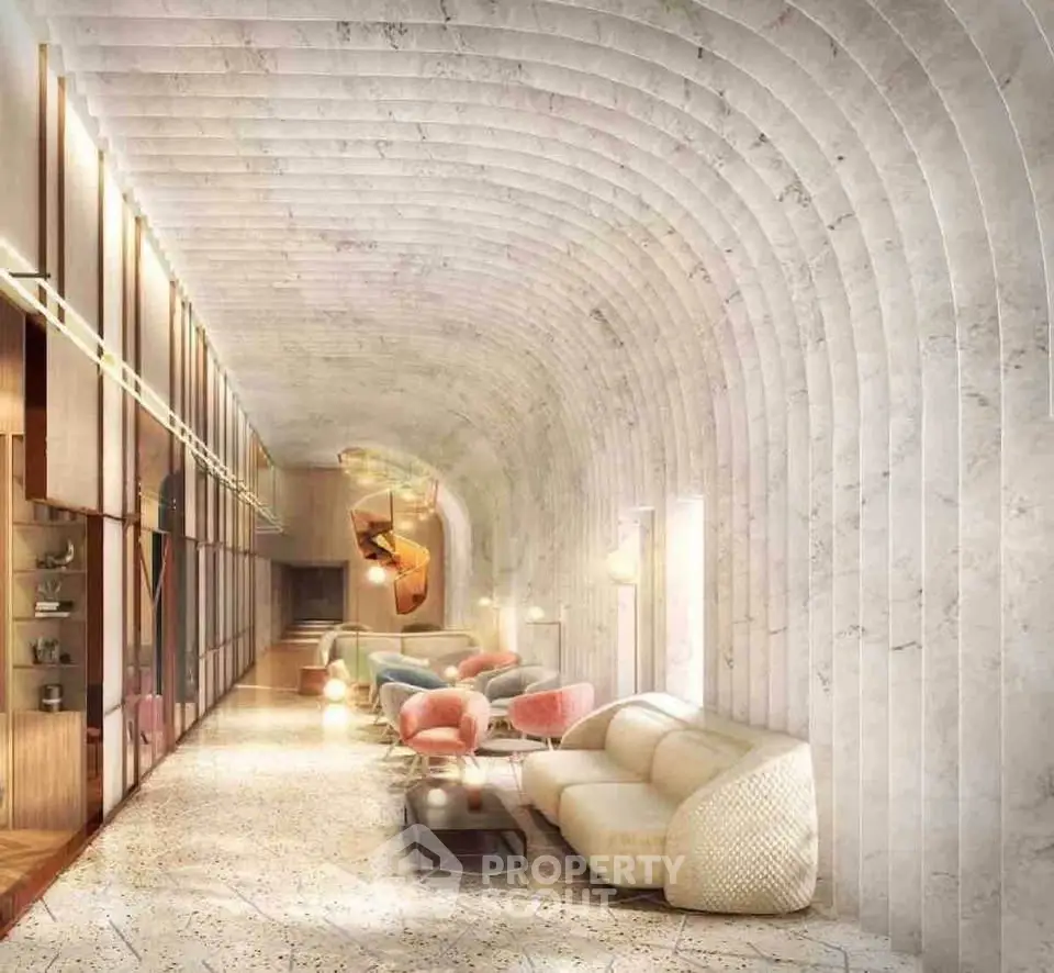 Luxurious modern living room with elegant curved ceiling and stylish furniture