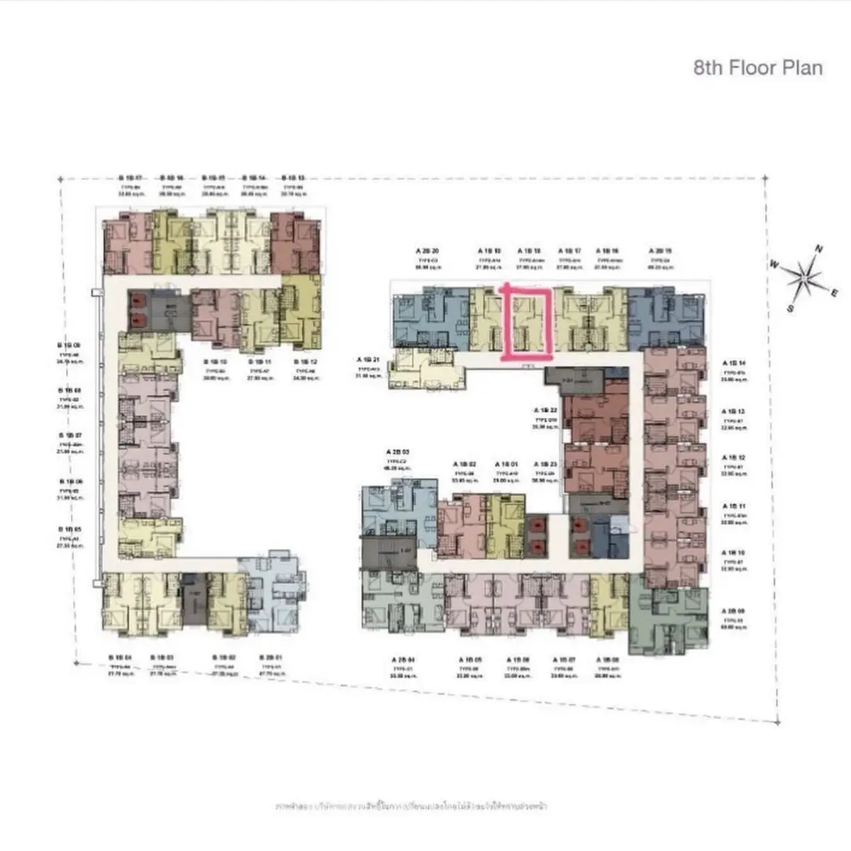 Detailed 8th floor plan showcasing apartment layout with color-coded units and compass orientation.
