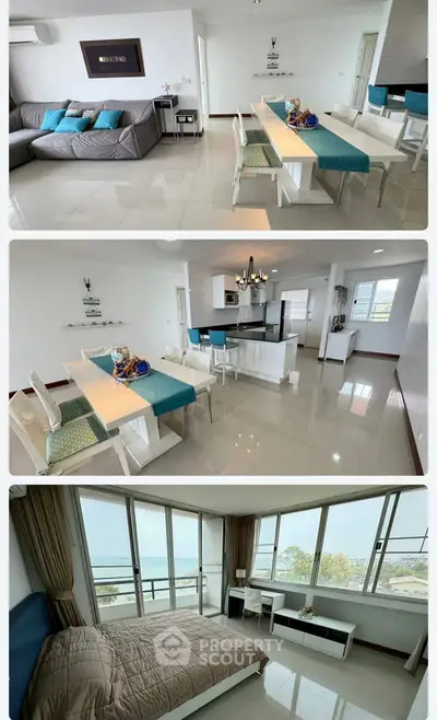 Spacious modern apartment with open living area, stylish kitchen, and scenic bedroom view.