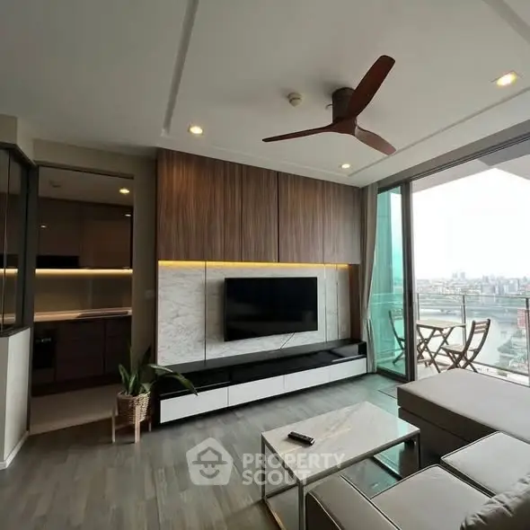 Modern living room with sleek design and city view balcony