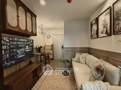 Charming living room with cozy sofa, elegant decor, and stylish wooden furniture in a modern apartment.