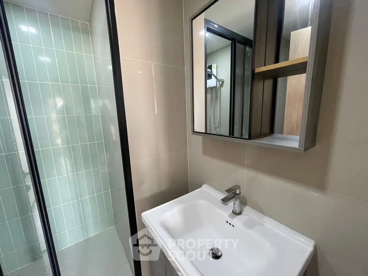 Modern bathroom with sleek sink and glass shower enclosure