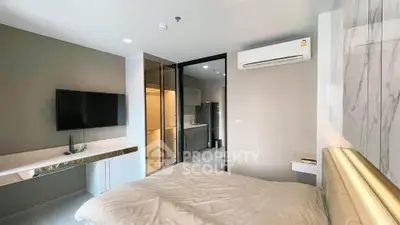 Modern bedroom with sleek design, featuring a wall-mounted TV and air conditioning.