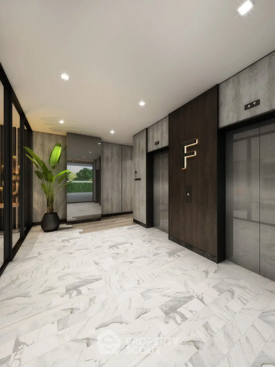 Modern elevator lobby with sleek design and marble flooring