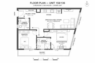 Spacious 2-bedroom corner unit floor plan with open kitchen and large balcony.