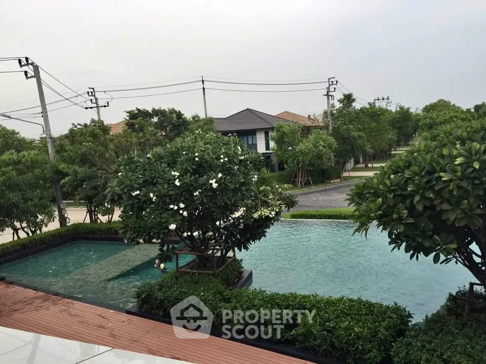 Luxurious residential pool with lush greenery and serene surroundings