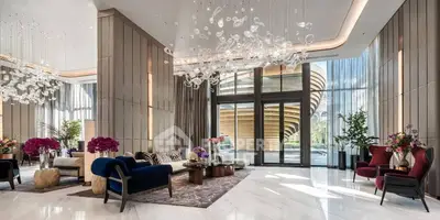 Luxurious modern living room with elegant decor and stunning chandelier lighting