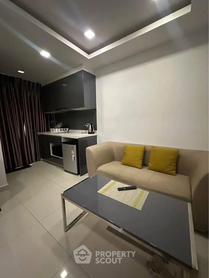Modern living room with sleek kitchenette and cozy sofa in a stylish apartment.