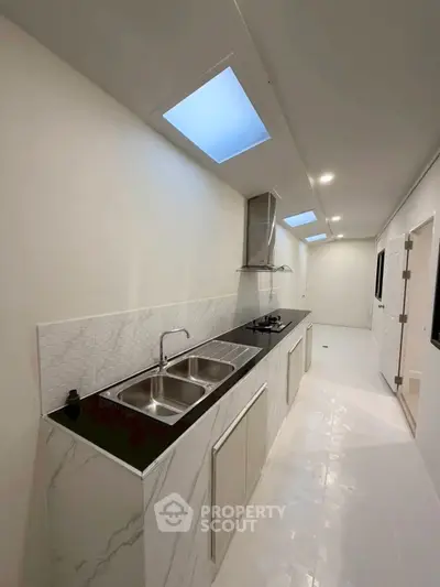 Modern kitchen with sleek design and skylights enhancing natural light