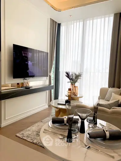 Luxurious modern living room with elegant decor and large windows