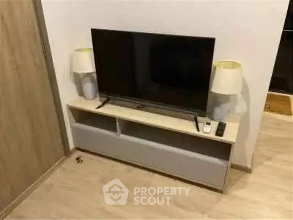 Modern living room with sleek TV stand and stylish lamps
