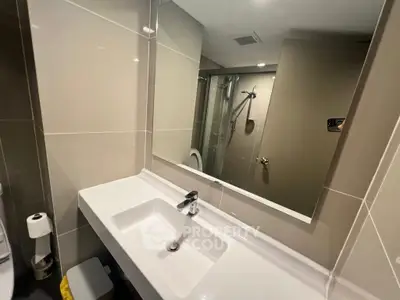 Modern bathroom with sleek sink and large mirror in contemporary apartment.