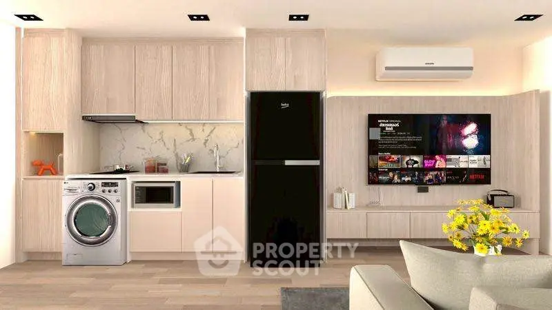 Modern living room with sleek kitchen appliances and stylish decor