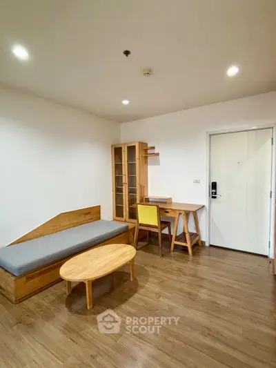 Modern minimalist living room with wooden furniture and sleek design