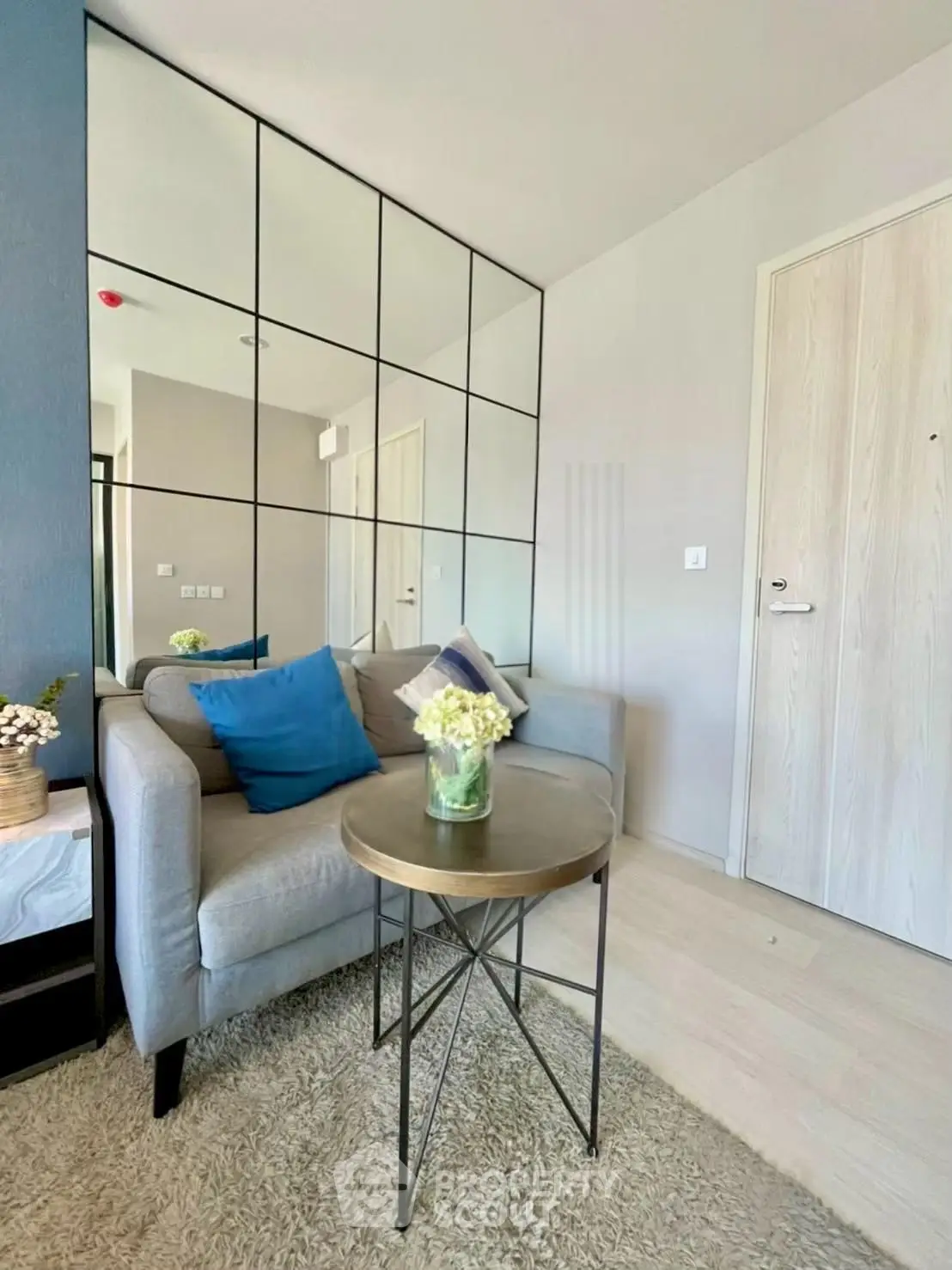 Modern living room with stylish decor and cozy seating area