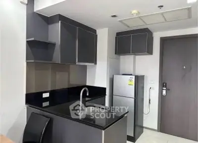 Modern kitchen with sleek black cabinetry and compact design in urban apartment.