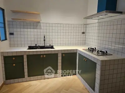 Modern kitchen with green cabinets and gas stove in stylish apartment