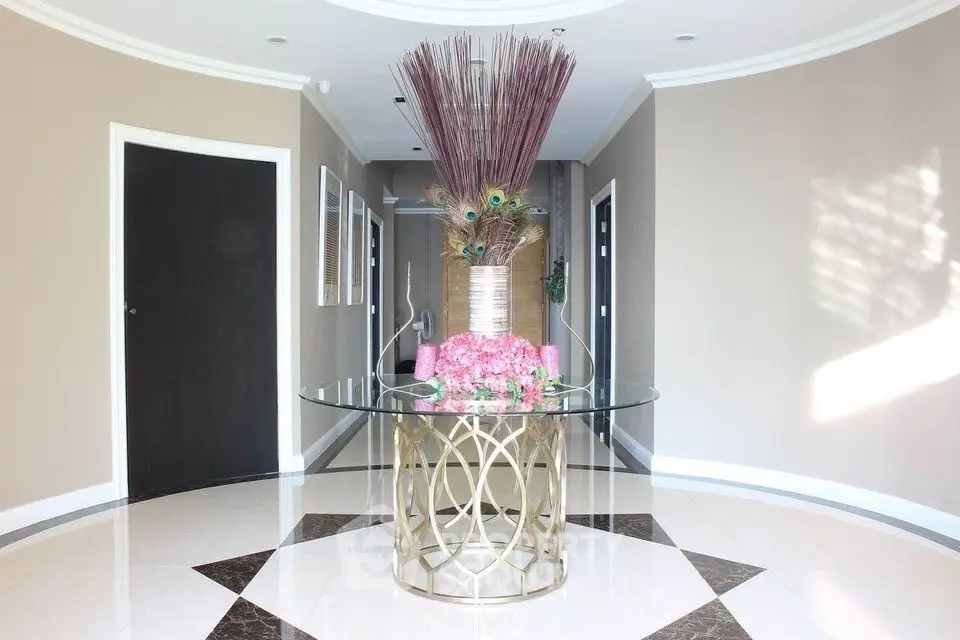 Elegant building entrance with stylish decor and modern design