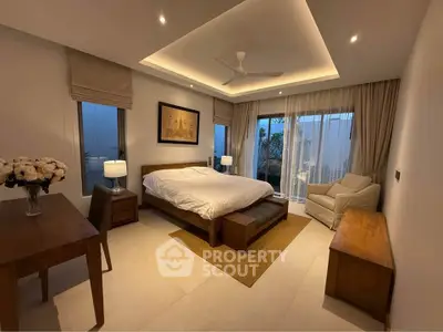 Luxurious bedroom with elegant decor, large windows, and ambient lighting for a serene living experience.