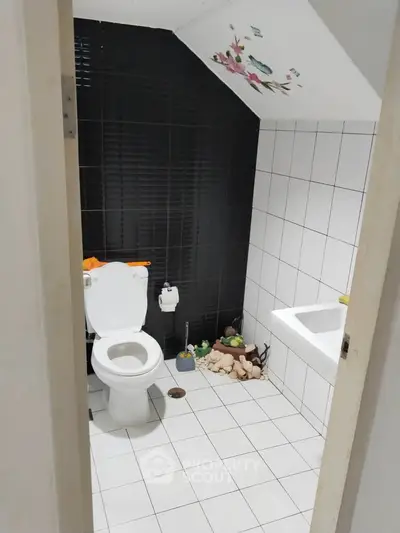 Cozy bathroom with unique sloped ceiling and decorative accents.