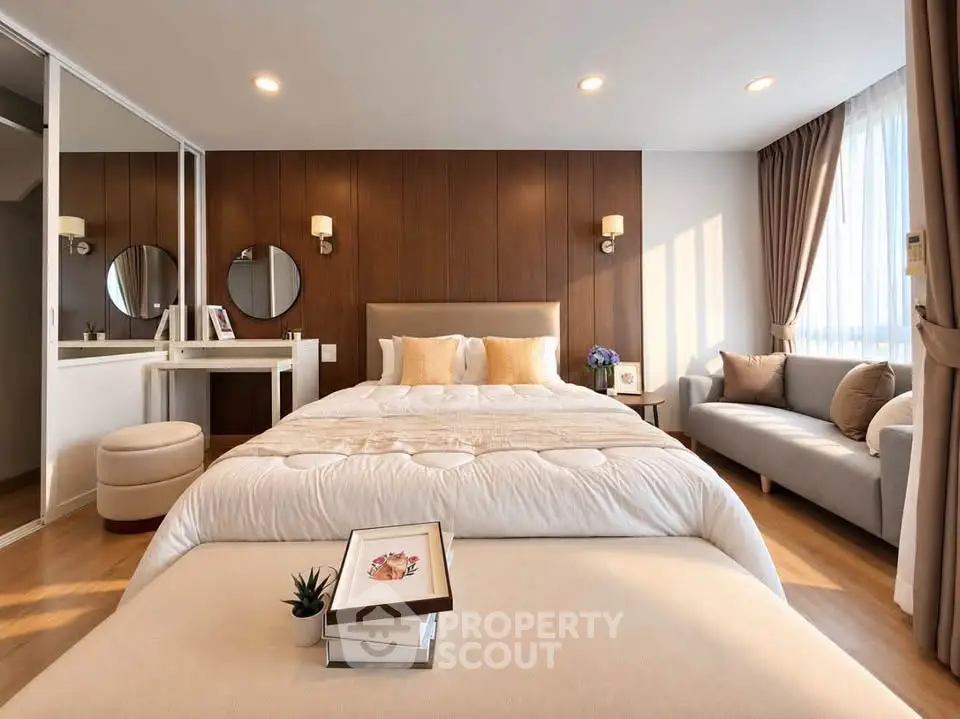 Luxurious bedroom with elegant decor and cozy seating area, perfect for relaxation and comfort.