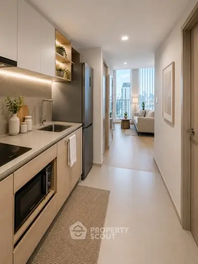 Modern kitchen with sleek design leading to a bright living room with city view.