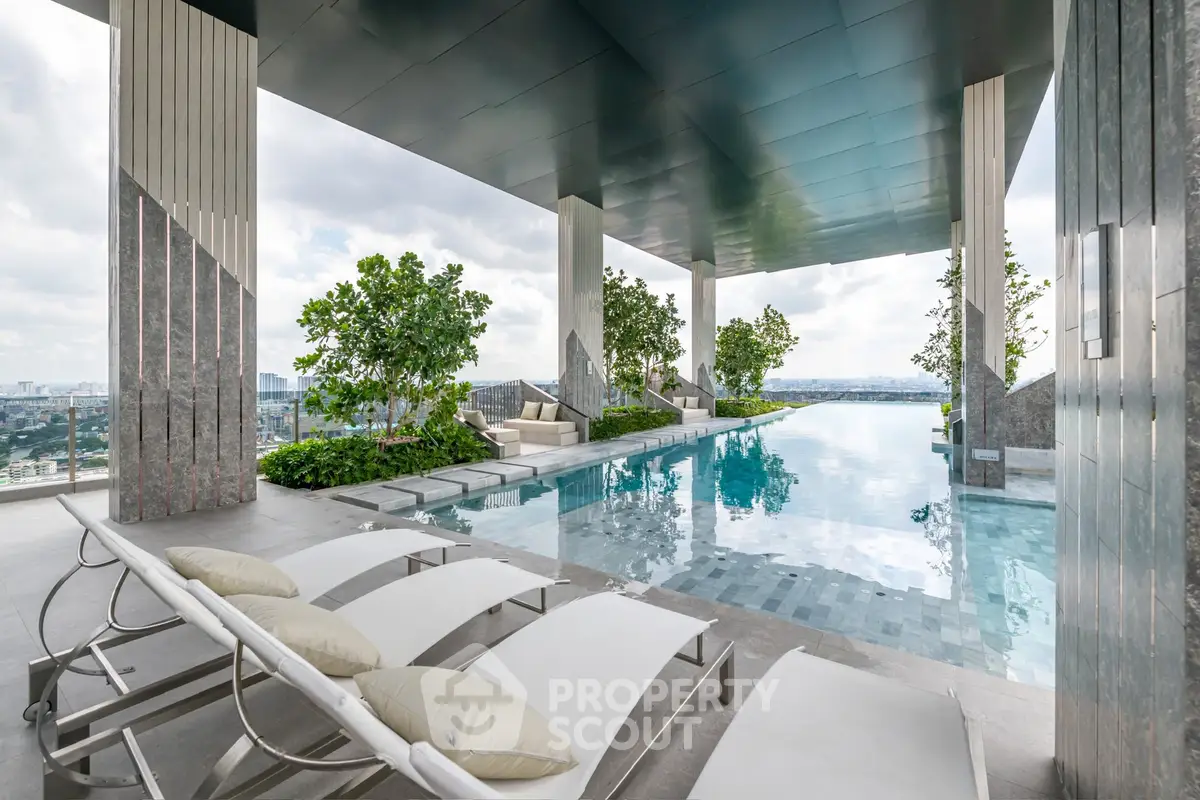 Luxurious rooftop pool with stunning city views and modern lounge chairs.