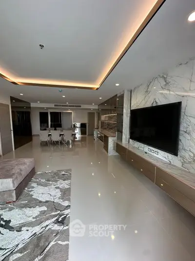 Luxurious modern living room with marble accents and sleek design, perfect for upscale urban living.