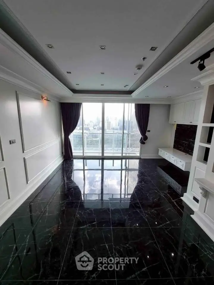 Luxurious living room with glossy black marble floors and city view