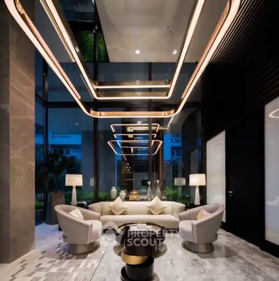Luxurious modern living room with elegant lighting and plush seating in a high-end apartment.