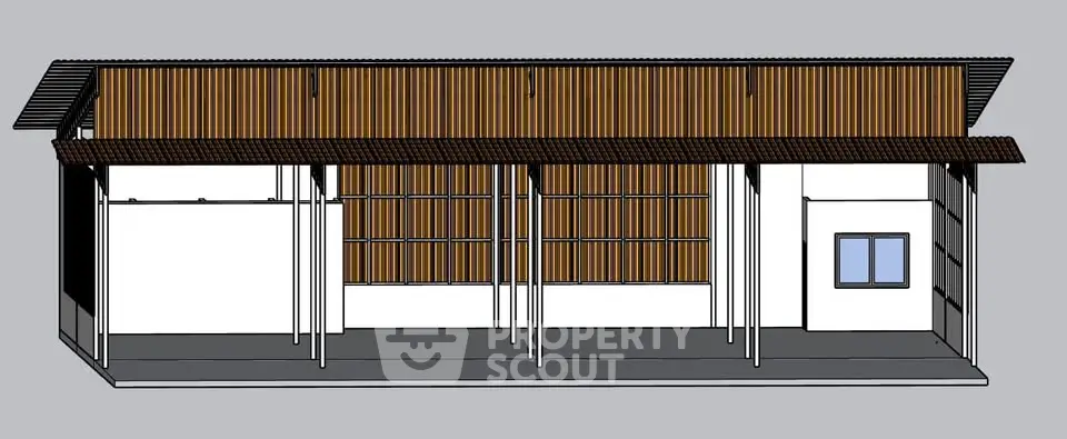 Modern architectural rendering of a wooden facade building with large overhangs and sleek design.