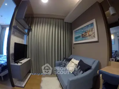 Cozy living room with modern decor and large window curtains