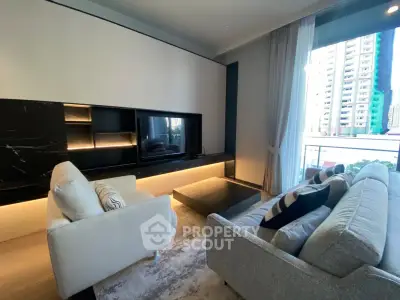 Modern living room with stylish furniture and city view balcony in luxury apartment.