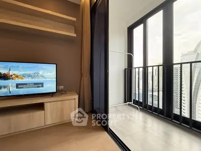 Modern living room with balcony offering stunning city view