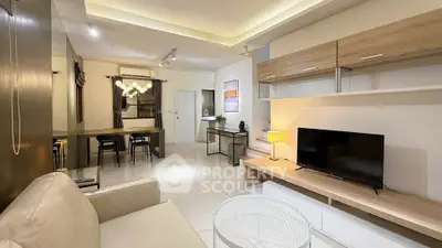 Modern living room with sleek furniture and ambient lighting