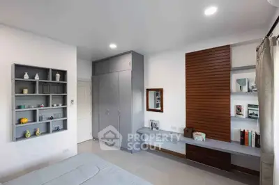 Modern bedroom with sleek built-in storage and stylish decor