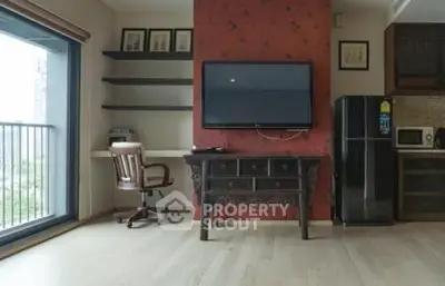 Modern living room with balcony view, featuring a wall-mounted TV and elegant wooden furniture.