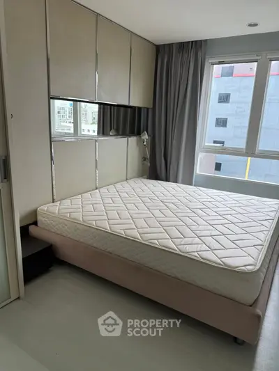 Modern bedroom with large windows and stylish decor in urban apartment